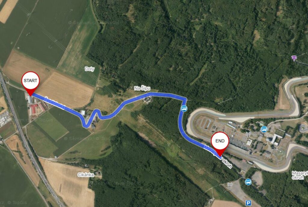 Mapa trasy z kempu na Automotodrom